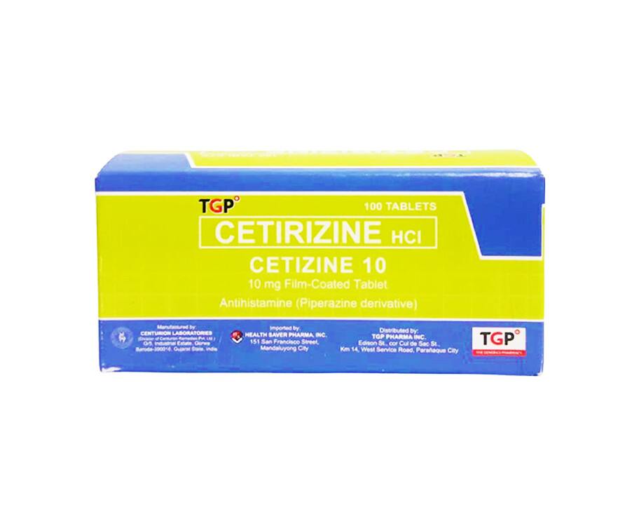 TGP Cetirizine HCI Cetizine 10mg Film-Coated 100 Tablets Antihistamine (Piperazine derivative)