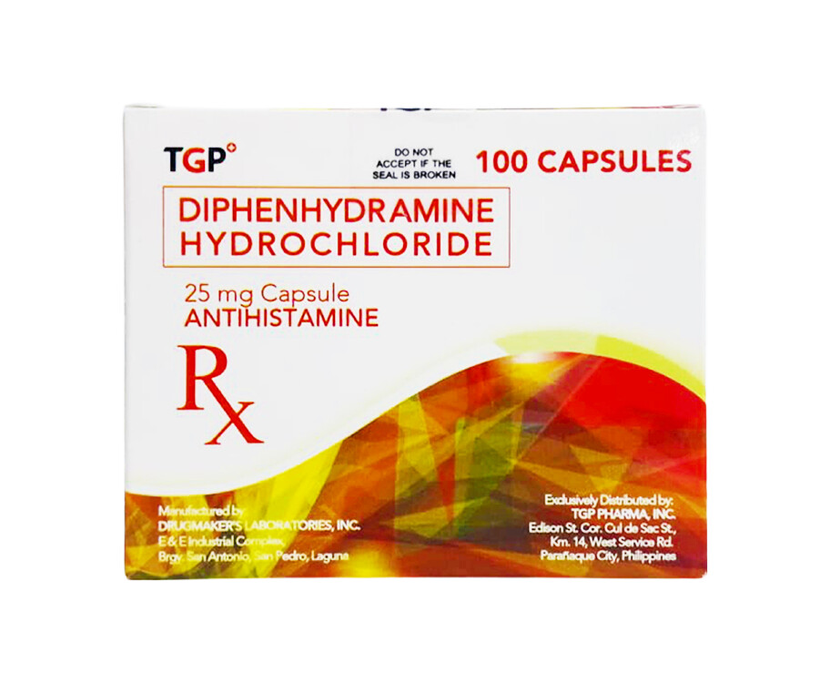 TGP Diphenhydramine Hydrochloride 25mg 100 Capsules Antihistamine