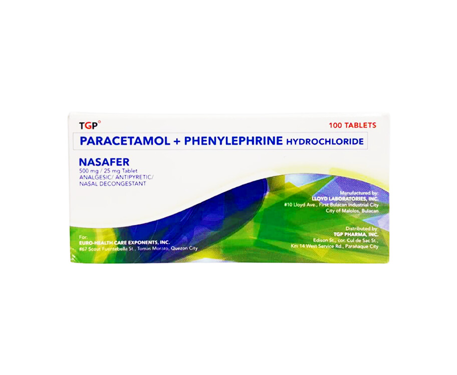 TGP Paracetamol + Phenylephrine Hydrochloride Nasafer 500mg/ 25mg 100 Tablets