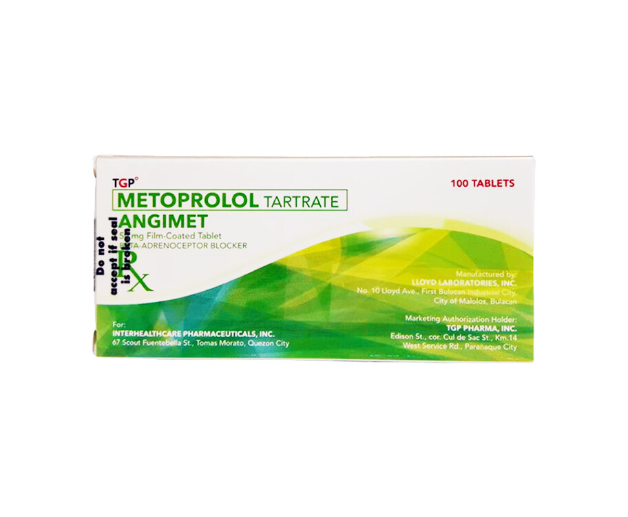 TGP Metoprolol Tartrate Angimet 50mg Film-Coated 100 Tablets