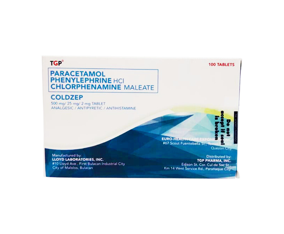 TGP Paracetamol Phenylephrine HCI Chlorphenamine Maleate Coldzep 500mg/ 25mg/ 2mg 100 Tablets