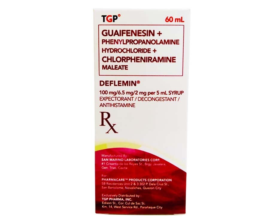TGP Guaifenesin + Phenylpropanolamine Hydrochloride + Chlorpheniramine Maleate Deflemin 100mg/ 6.5 mg/ 2mg per 5mL Syrup 60mL