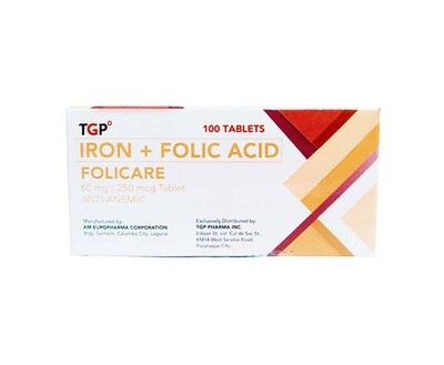 TGP Iron + Folic Acid Folicare 60mg/ 250mg 100 Tablets