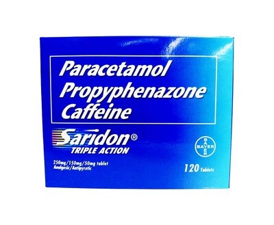 Bayer Paracetamol Propyphenazone Caffeine Saridon Triple Action 250mg/ 150mg/ 50mg 120 Tablets