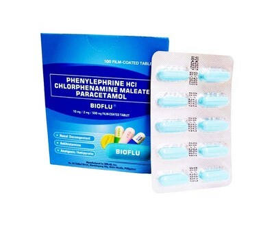 Bioflu Phenylephrine HCl Chlorphenamine Maleate Paracetamol 10mg/ 2mg/ 500mg 100 Film-Coated Tablets