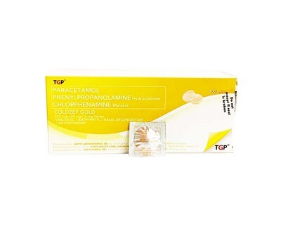 TGP Paracetamol Coldzep Gold 325mg/ 25mg/ 2mg Tablet Analgesic/ Antipyretic/ Nasal Decongestant/ Antihistamine 100 Tablets