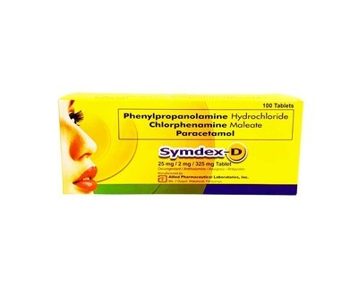 Symdex-D Phenylpropanolamine Hydrochloride Chlorphenamine Maleate Paracetamol 25mg/ 2mg/ 325mg 100 Tablets