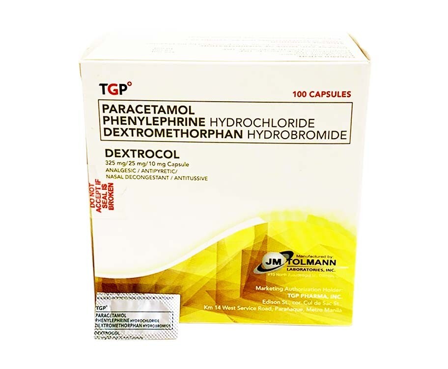 TGP Paracetamol Dextrocol 325mg/ 25mg/ 10mg Capsule Analgesic/ Antipyretic/ Nasal Decongestant/ Antitussive 100 Capsules