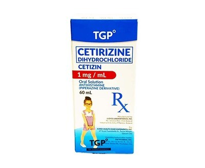 TGP Cetirizine Dihydrochloride Cetizin Oral Solution Antihistamine (Piperazine Derivative) Strawberry Flavor 60mL