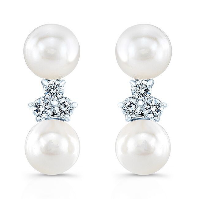 Personalized Double Pearl And Diamond Cluster Stud Earrings