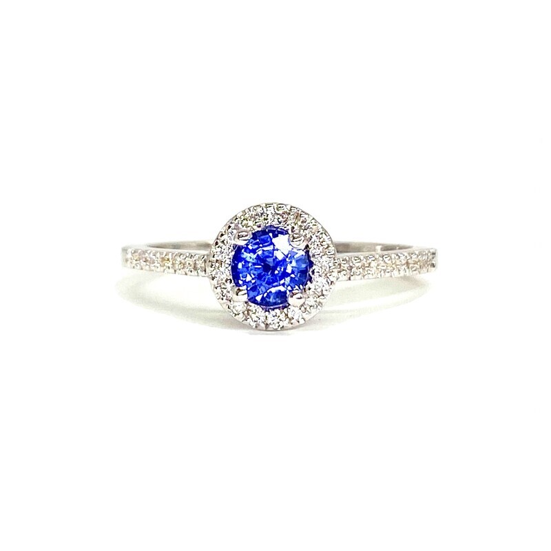 0.4 ct Round Sapphire, Halo Diamond Ring