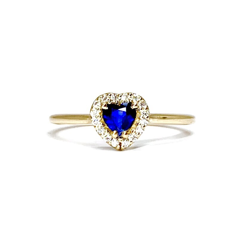 0.3 ct Heart Shaped Blue Sapphire, Halo Diamond Ring