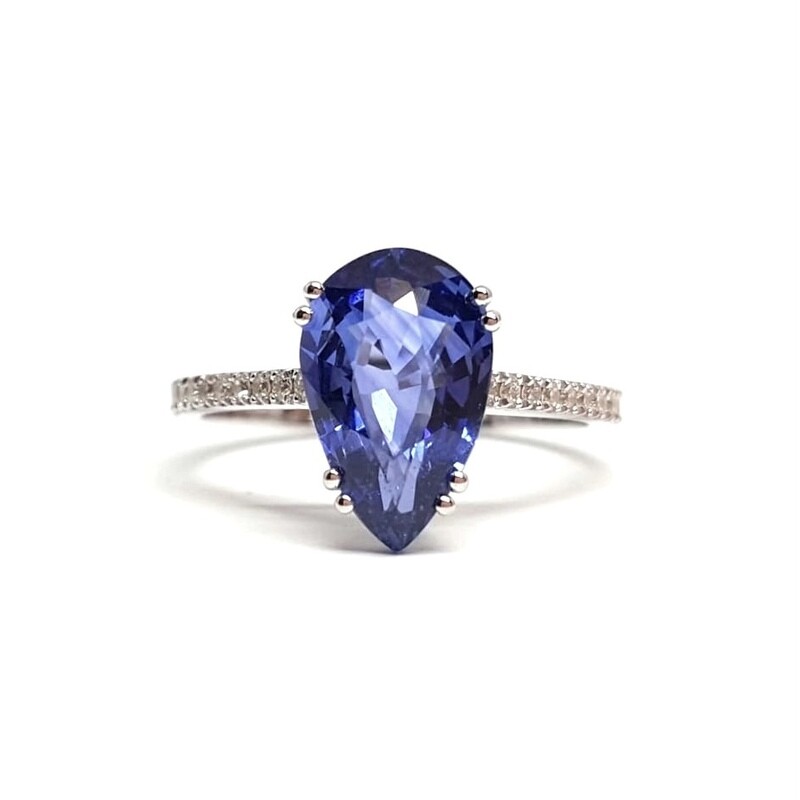 Pear Shaped 1.8 ct Blue Sapphire, Pave Diamond Ring