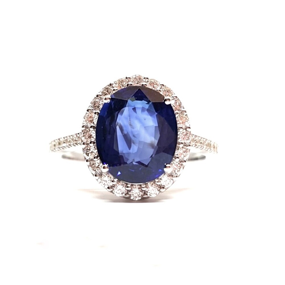 Oval 3.2 ct Intense Blue Sapphire, Full Halo Diamond Ring