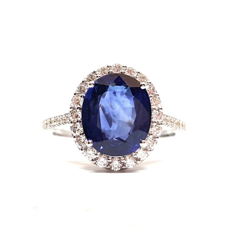 Oval 3.2 ct Intense Blue Sapphire, Full Halo Diamond Ring