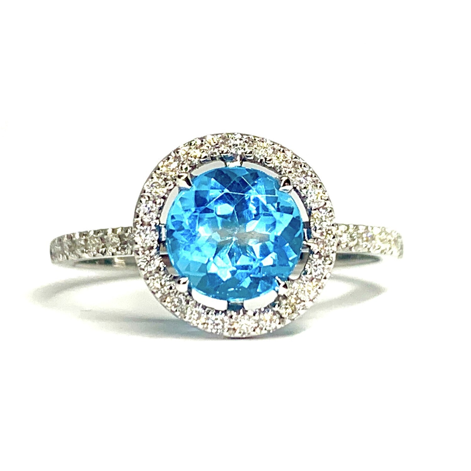 Round 2 ct Blue Topaz, Full Halo Diamond Ring
