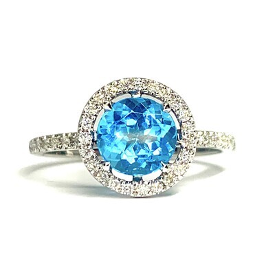Round 2 ct Blue Topaz, Full Halo Diamond Ring