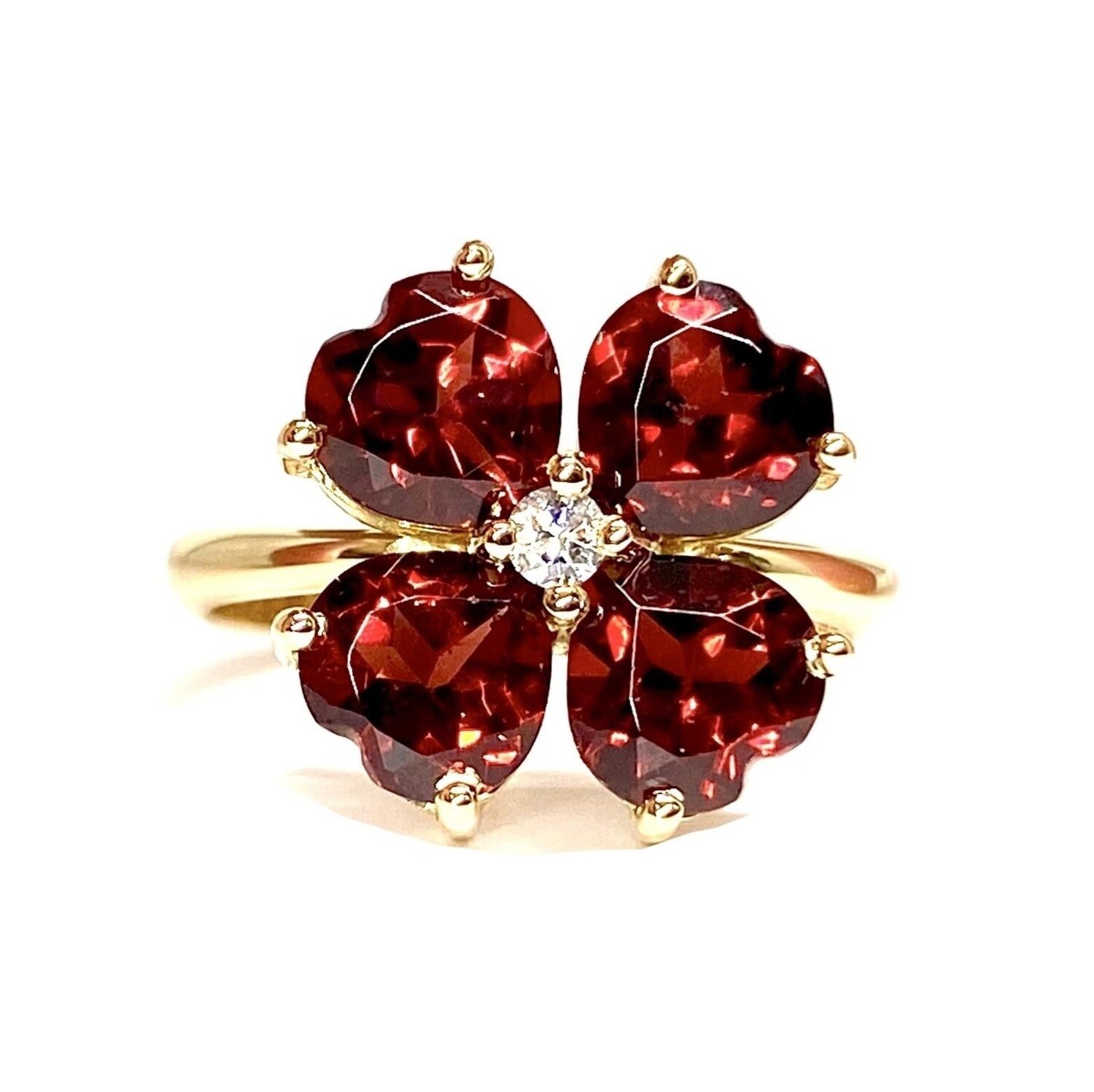 Lucky Clover 4 ct Red Garnet, Diamond Ring