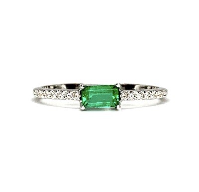 Emerald Cut, Vivid Green 0.4 ct Emerald, Pave Diamond Ring
