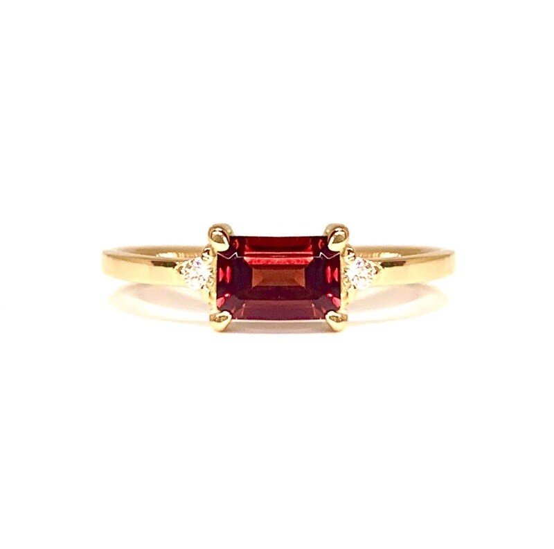 Emerald Cut 0.5 ct Red Garnet, Diamond Ring