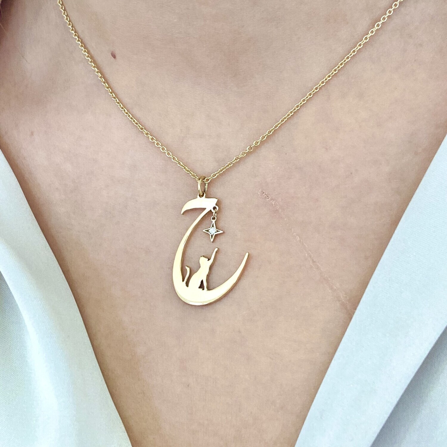 Arabic Personalized Letter, Cat in a Moon, Diamond Necklace