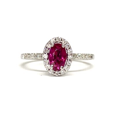 Oval 0.5 ct Ruby, Full Halo Diamond Ring