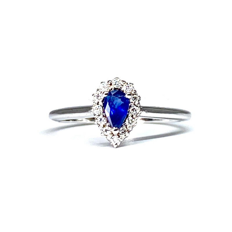 Pear Shaped 0.3 ct Blue Sapphire, Halo Diamond Ring