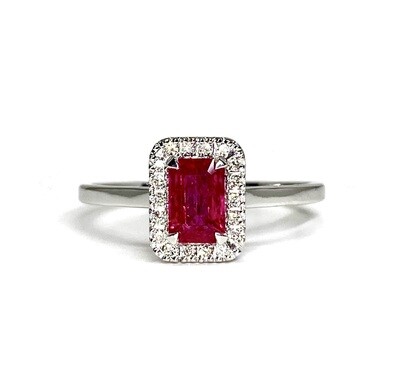 Emerald Cut 0.5 ct Ruby, Halo Diamond Ring