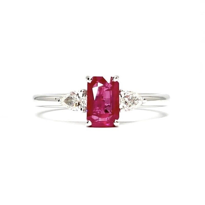 Emerald Cut 1.1 ct Ruby, and Diamond Ring