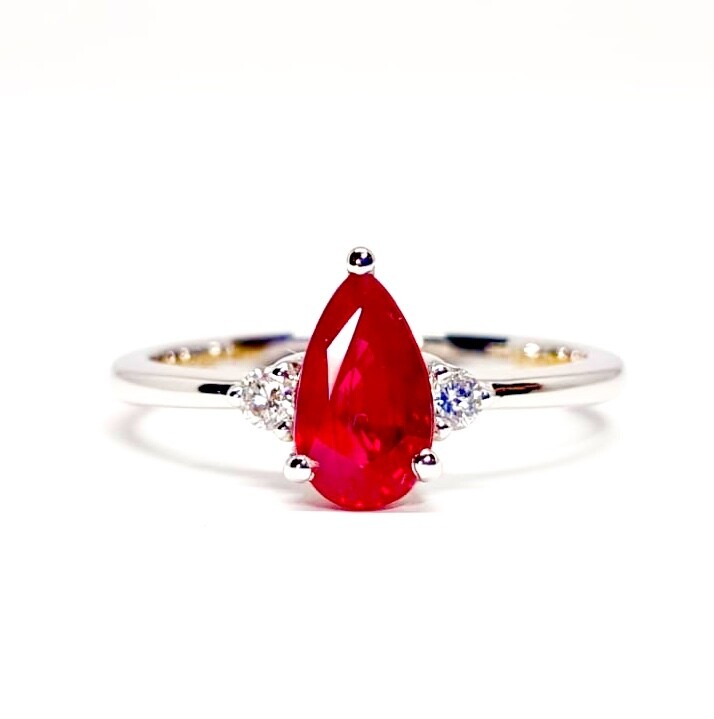Pear Shaped 1.2 ct Vivid Red Ruby, Diamond Ring