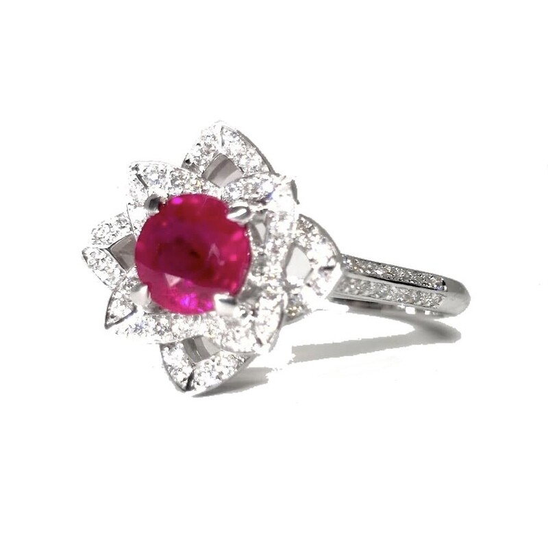 Flower 1 ct Vivid Red Ruby, Diamond Ring