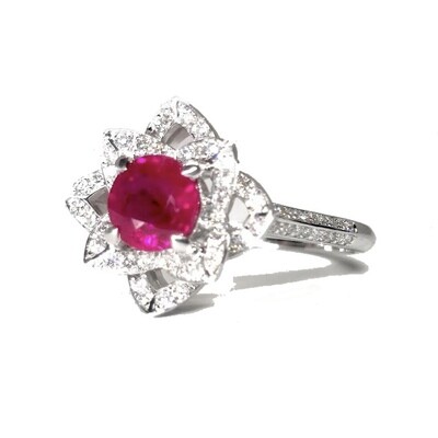 Flower 1 ct Vivid Red Ruby, Diamond Ring