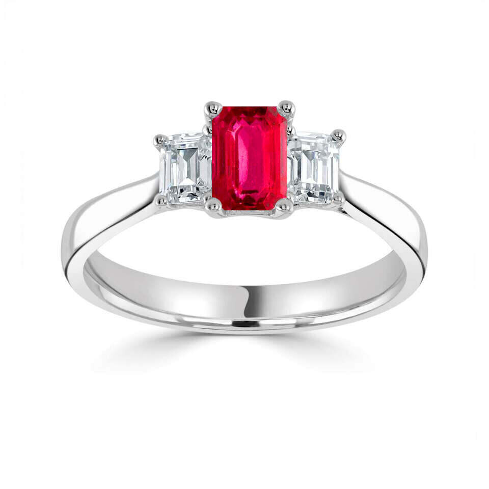Emerald Cut 0.5 ct Vivid Red Ruby, Diamond Ring