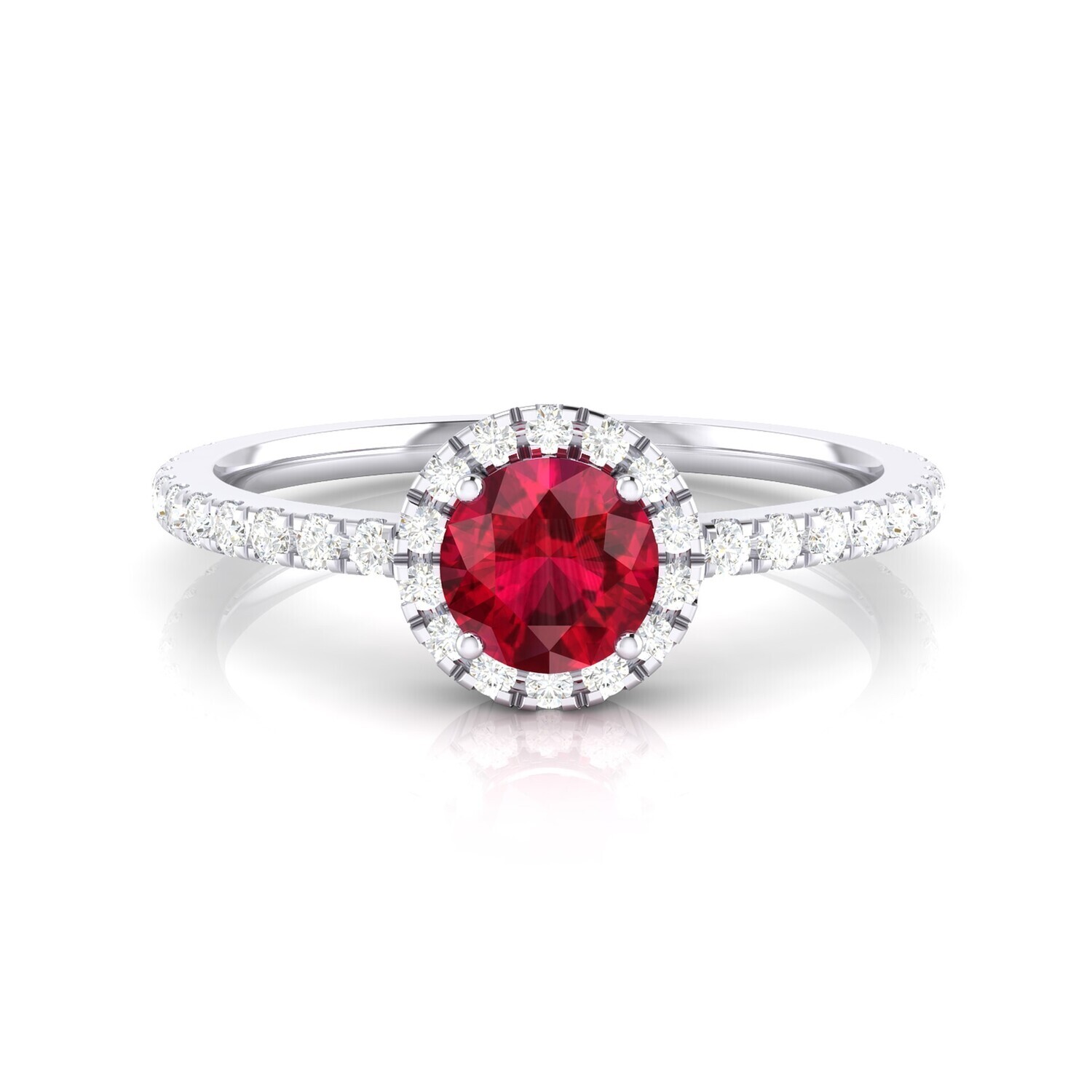 Round 0.5 ct Vivid Red Ruby, Full Halo Diamond Ring