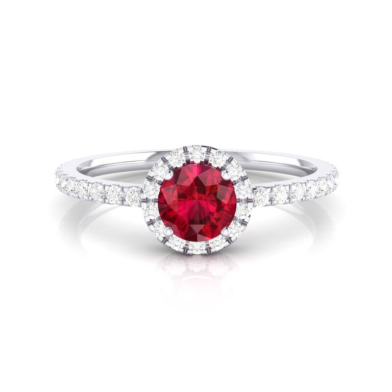 Round 0.5 ct Vivid Red Ruby, Full Halo Diamond Ring