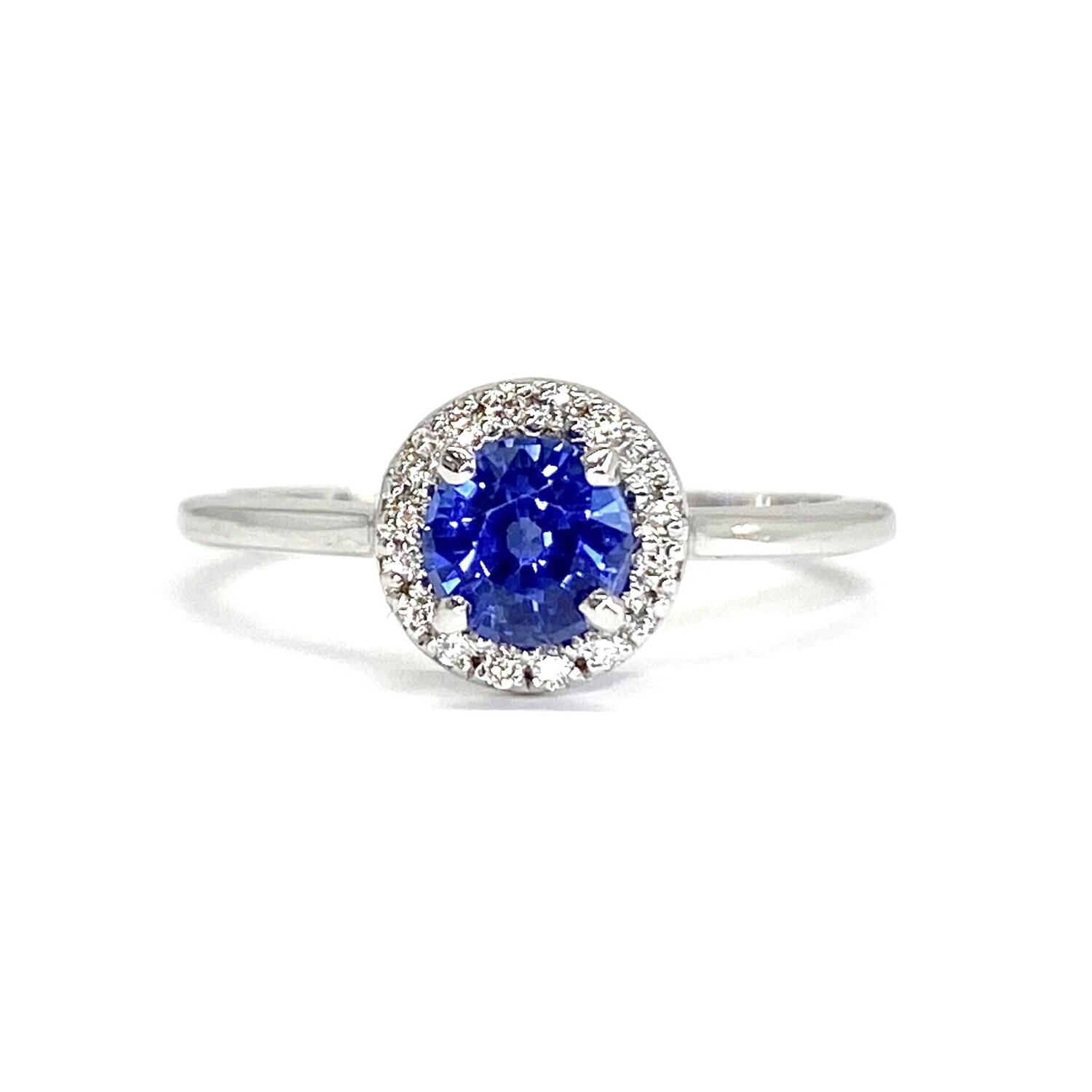 0.5 ct Round Blue Sapphire, Halo Diamond Ring