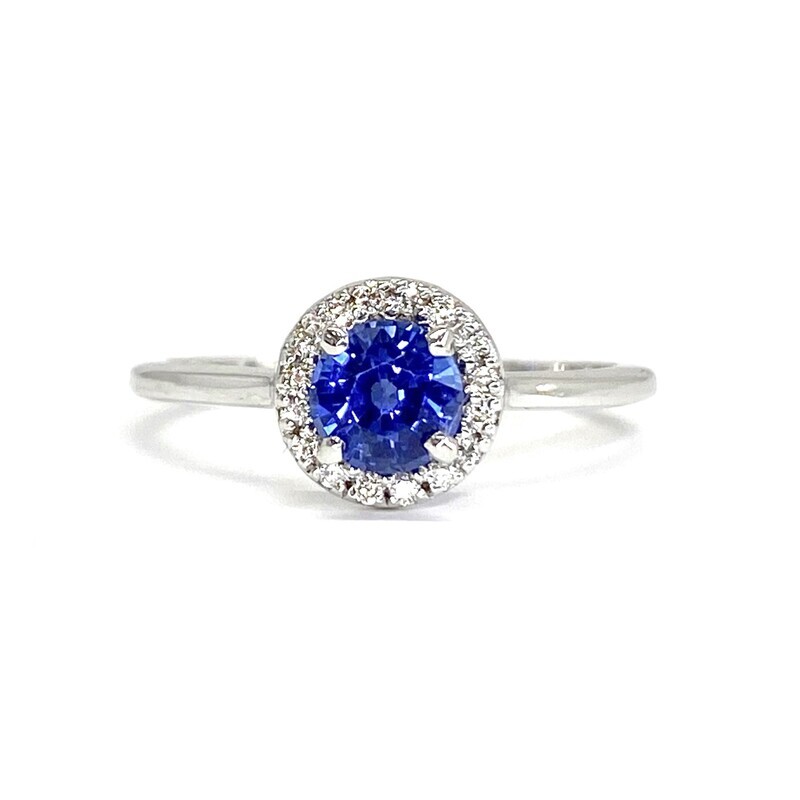 0.5 ct Round Blue Sapphire, Halo Diamond Ring
