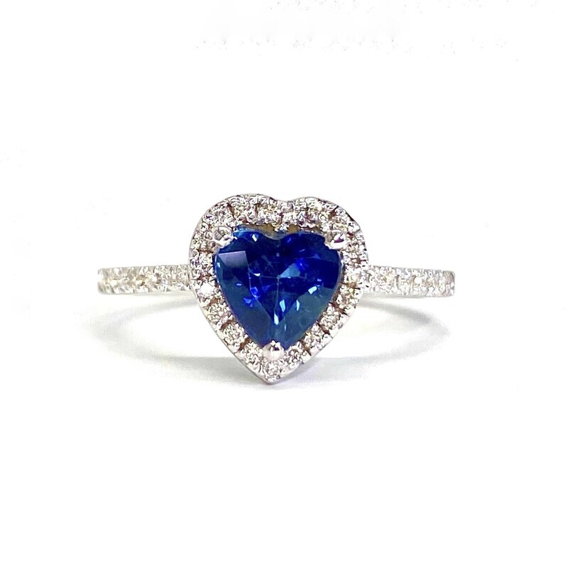 Heart Shaped 1 ct Blue Sapphire, Full Halo Diamond Ring
