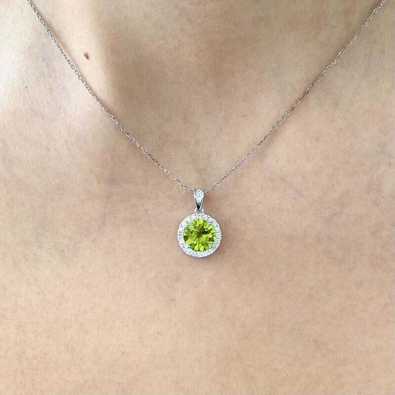 Round 2 ct Peridot, Halo Diamond Necklace