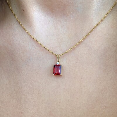 Emerald Cut 2 ct Red Garnet, Diamond Necklace