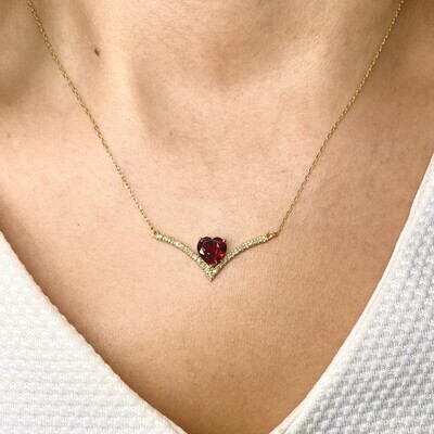 Heart Shaped 2 ct Red Garnet, V-Shaped Diamond Necklace