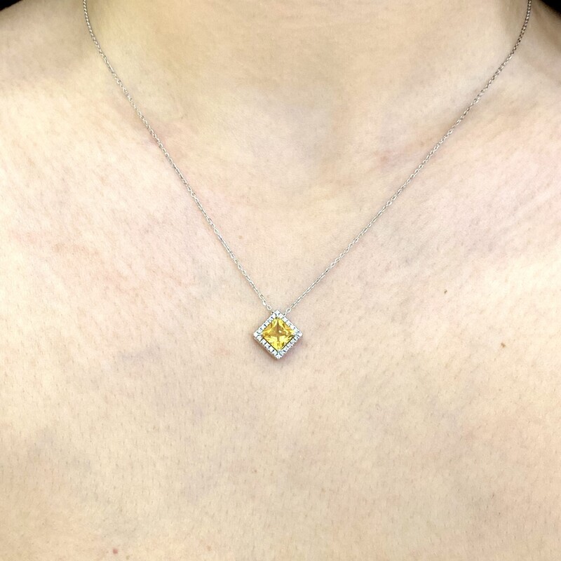 Princess Cut 1.5 ct Citrine, Diamond Necklace