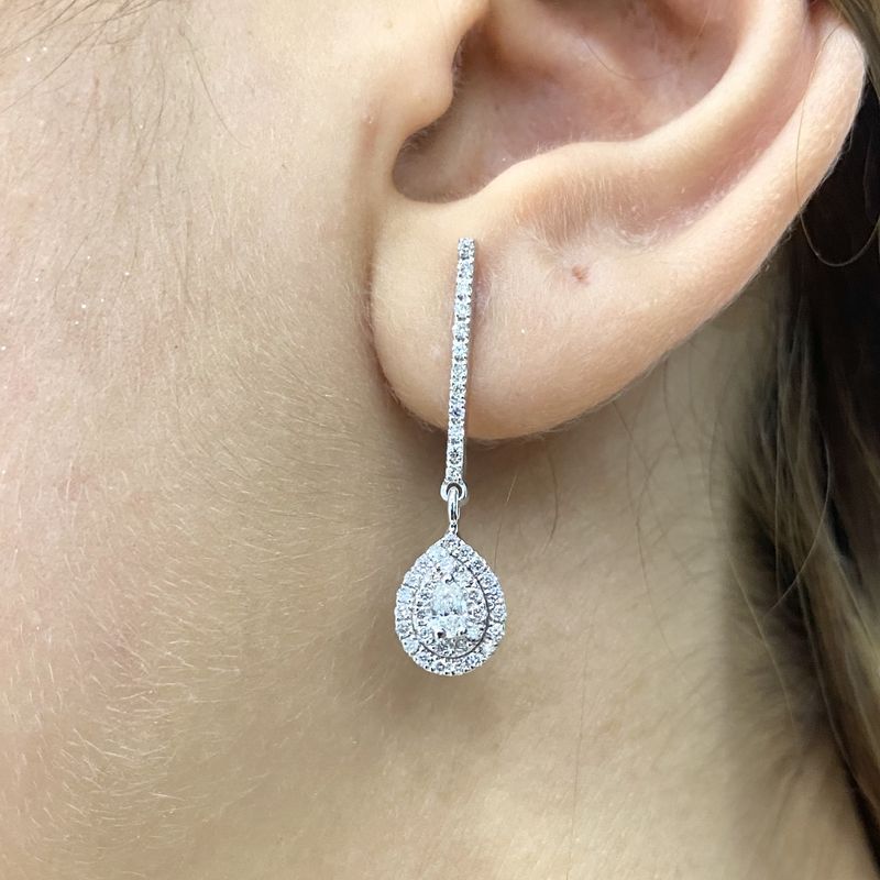 Dangling Pear Shaped Halo Diamond Earrings