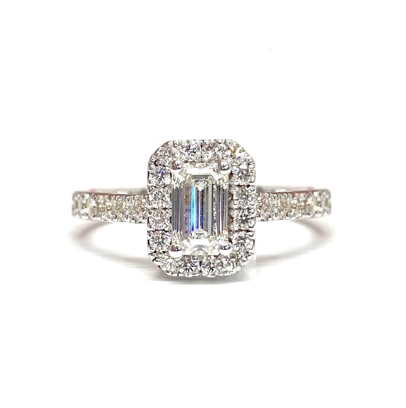 GIA Certified  Emerald Cut 0.5 ct Full Halo Diamond Engagement Ring