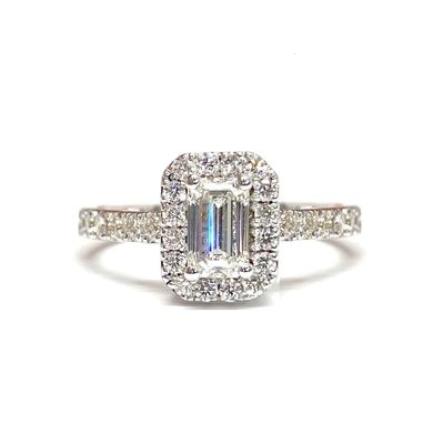 GIA Certified  Emerald Cut 0.5 ct Full Halo Diamond Engagement Ring