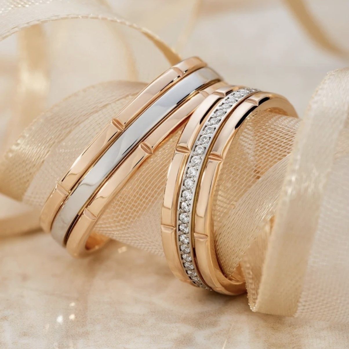 Diamond River and Gold Mountains Wedding Bands
