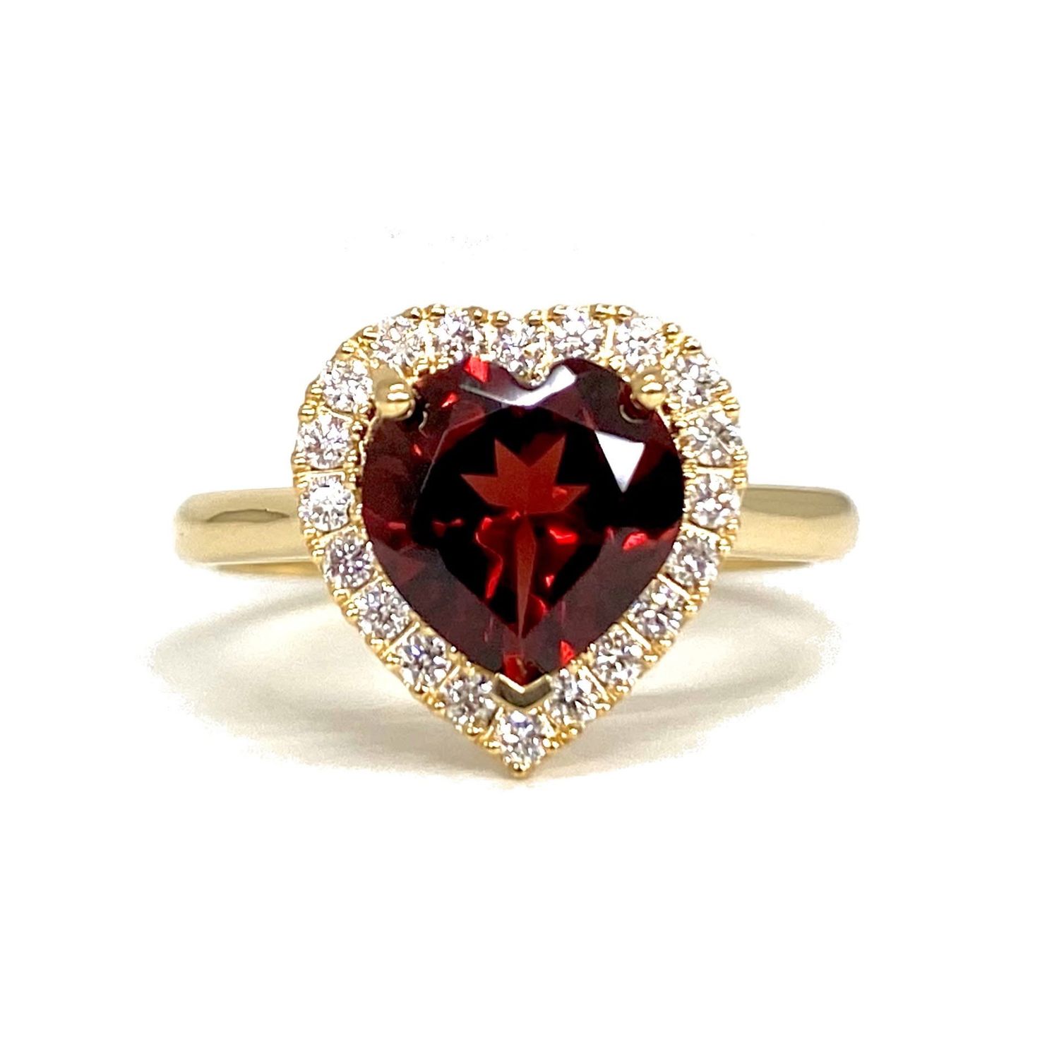 Heart Shaped 2 ct Red Garnet, Halo Diamond Ring