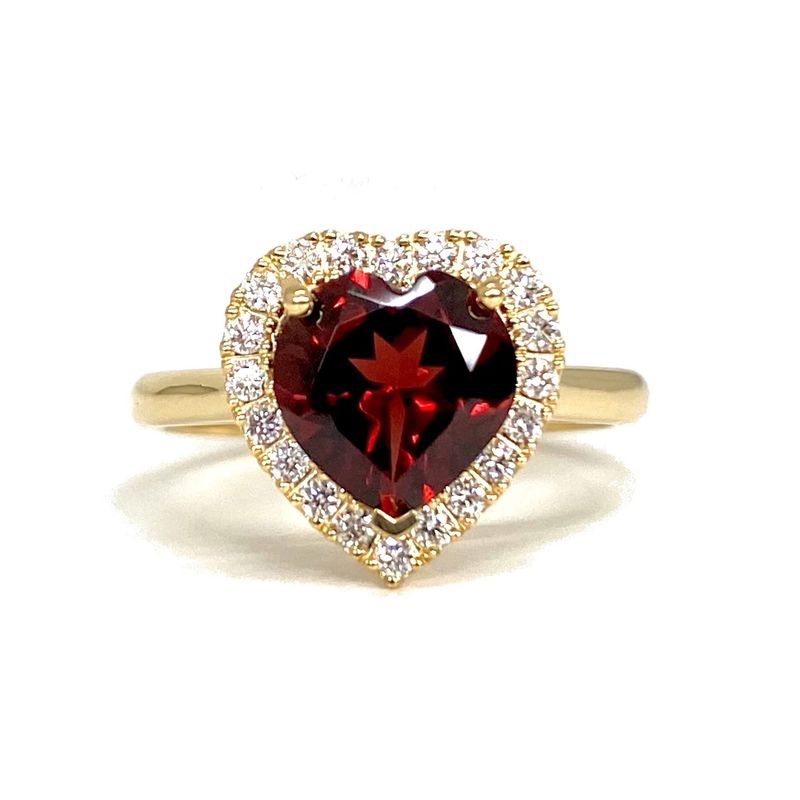 Heart Shaped 2 ct Red Garnet, Halo Diamond Ring