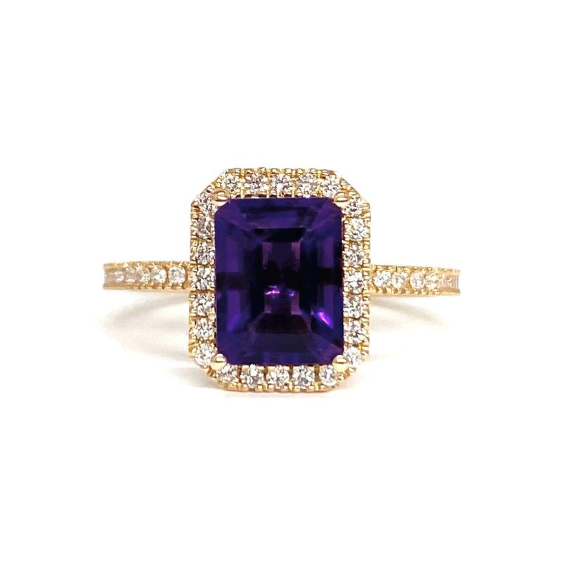 Emerald Cut 1.8 ct Amethyst, Halo Diamond Ring