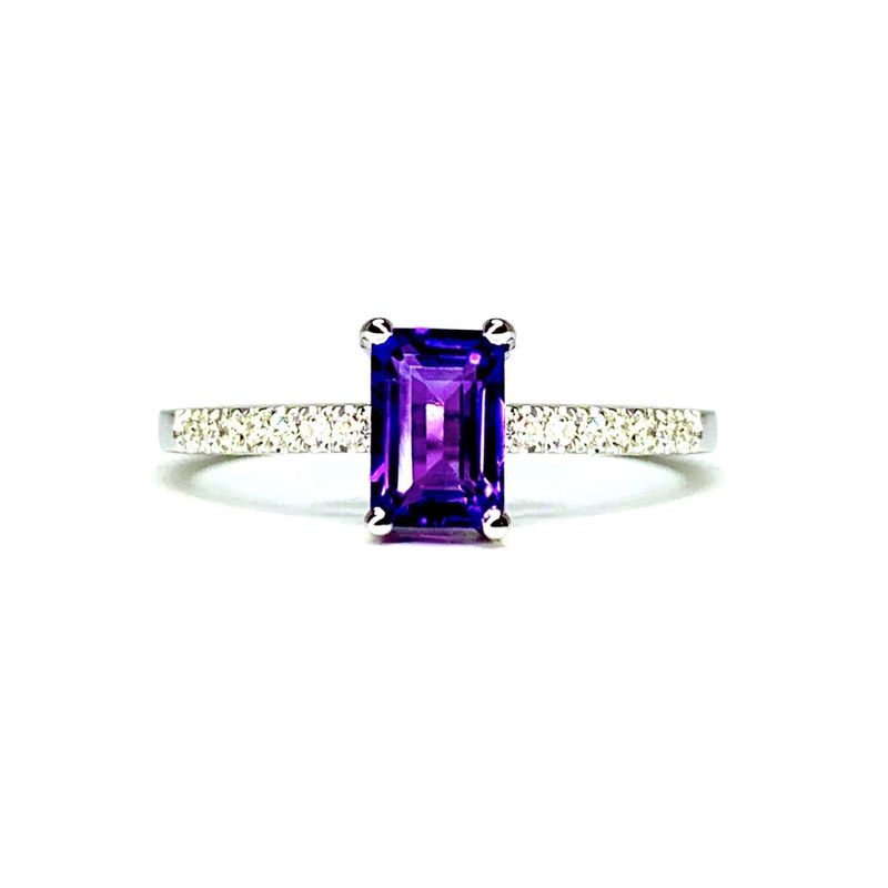 Emerald Cut 0.5 ct Amethyst, Pave Set Diamond Ring